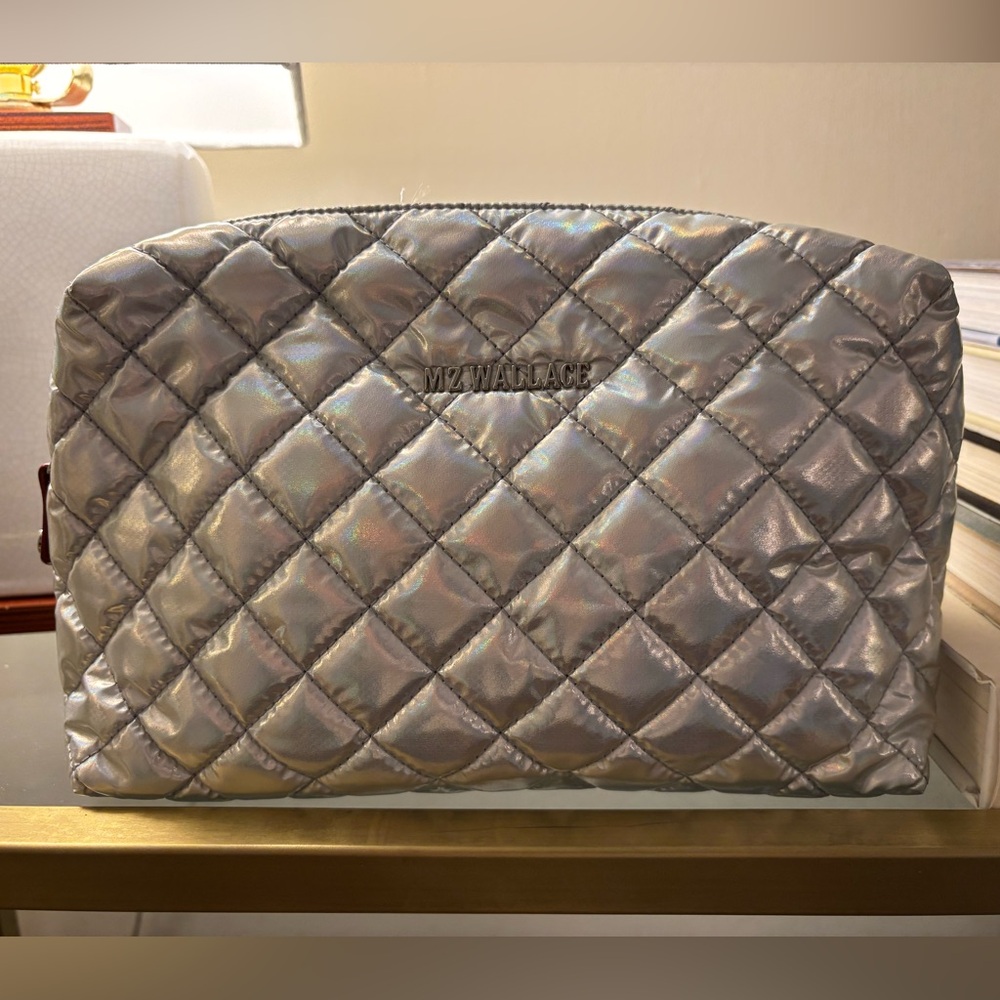 MZ WALLACE Mica Cosmetic Bag Pouch in Hologram Metallic Silver Color. Retired